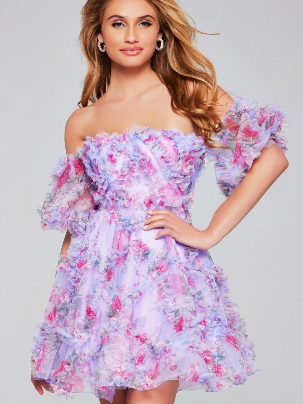 Jovani Lavender and Pink Floral Off-Shoulder Ruffle Mini Dress